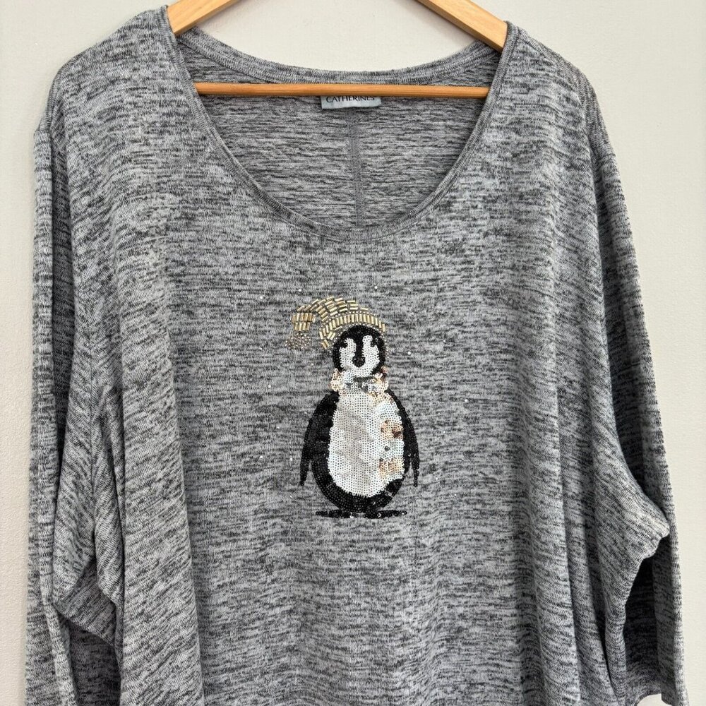 Catherines Knit Top 3X Gray Sequin Beaded Penguin Cinched Sides 3/4 Sleeves - Picture 2 of 10
